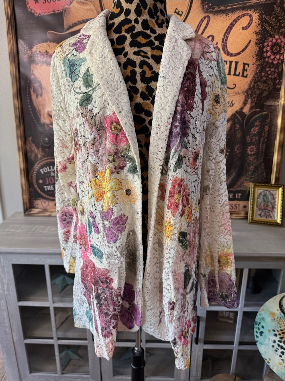 ORIGAMI Floral Lace Open-Front Women's Jacket with Sparkles - Sz XXL